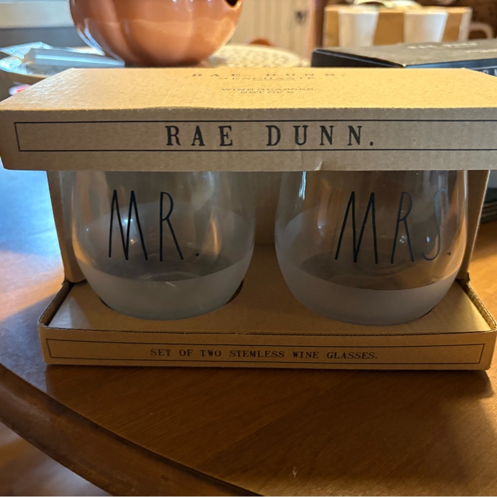 Rae Dunn Mr. and Mrs. Stemless Wine Glasses - Clear
